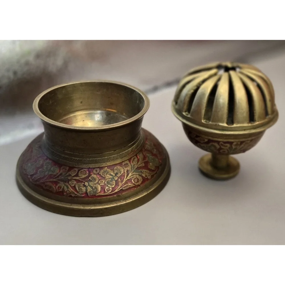 1940s Solid Brass Elephant Claw Bell Red & Green Inlayed Floral Pattern 2 Pieces